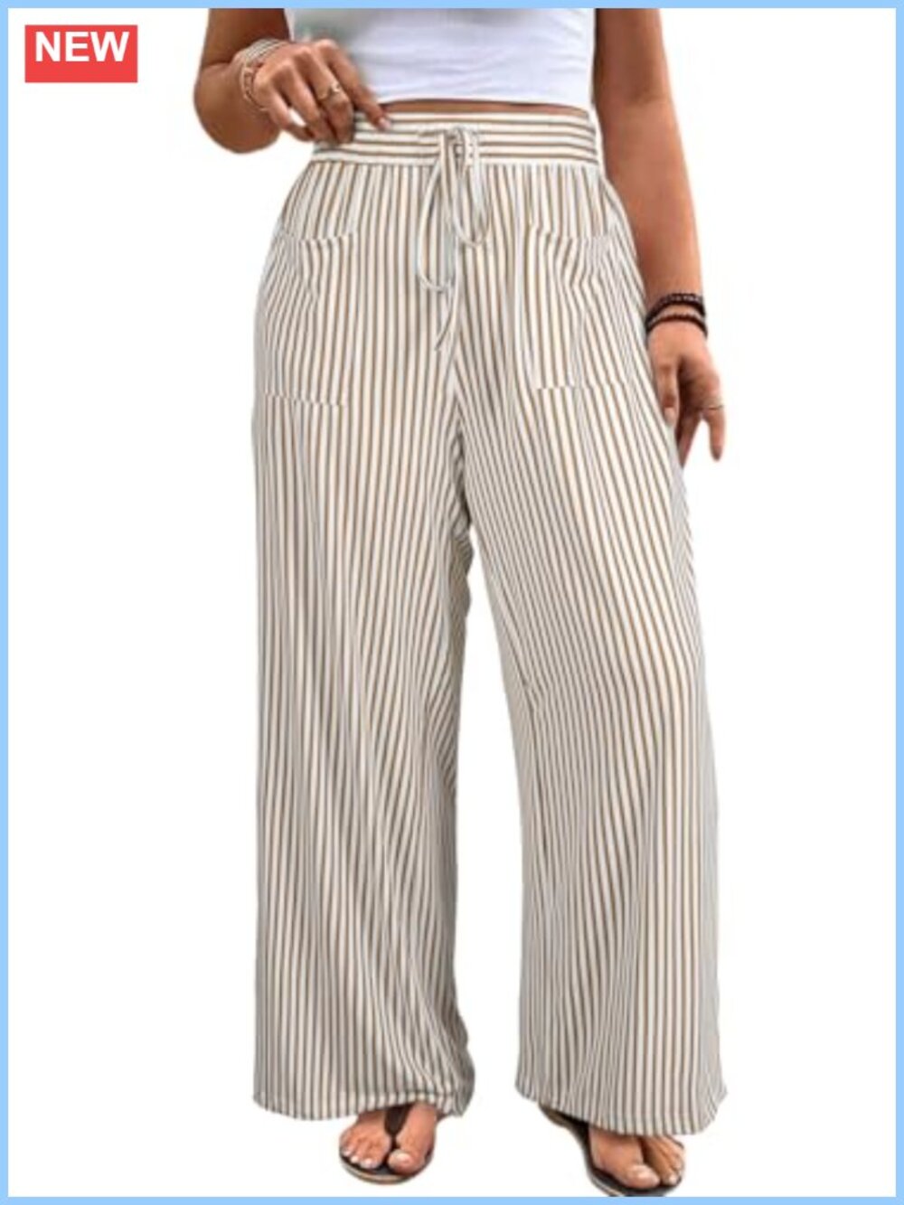 Plus Size Wide Leg Palazzo Pants with Pockets High Waist Striped Lounge Trousers